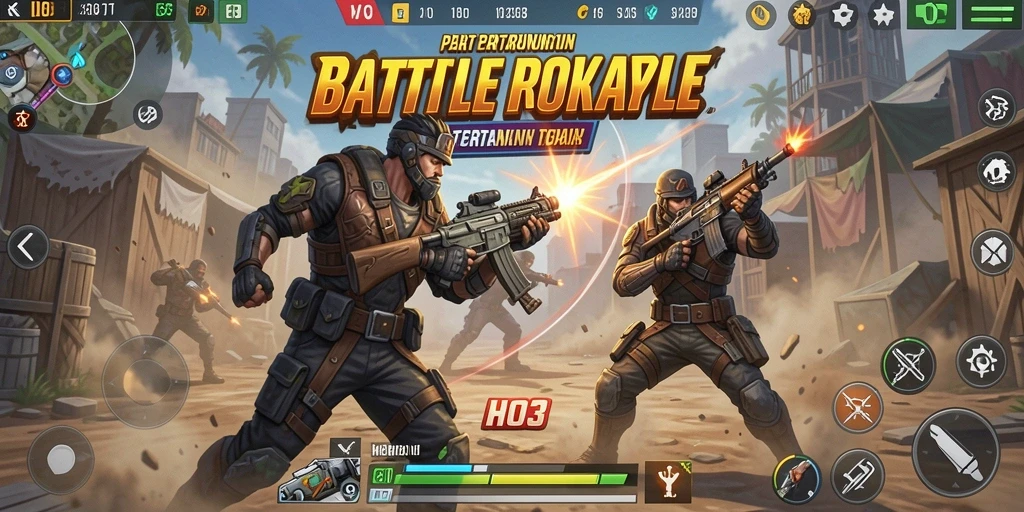 Screenshot utama H03 menampilkan aksi seru dalam pertempuran Battle Royale.
