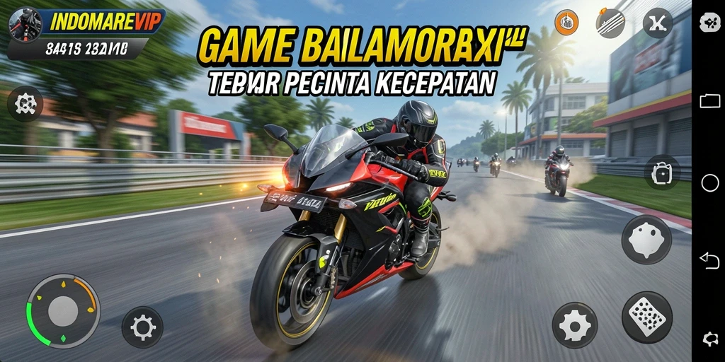 Tangkapan layar gameplay INDOMAREVIP yang menunjukkan aksi balap motor yang menegangkan.