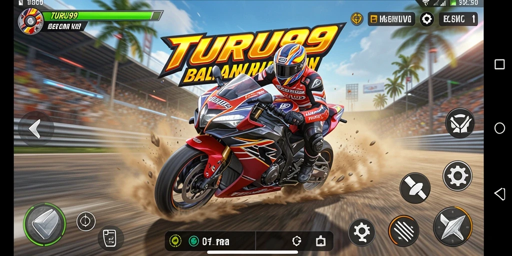 Screenshot TURU99 menampilkan kecepatan balapan motor yang mendebarkan.