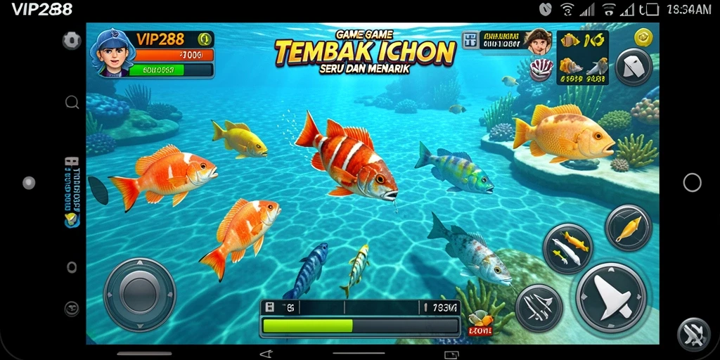 Tampilan gameplay seru dalam VIP288 dengan banyak ikan berwarna.